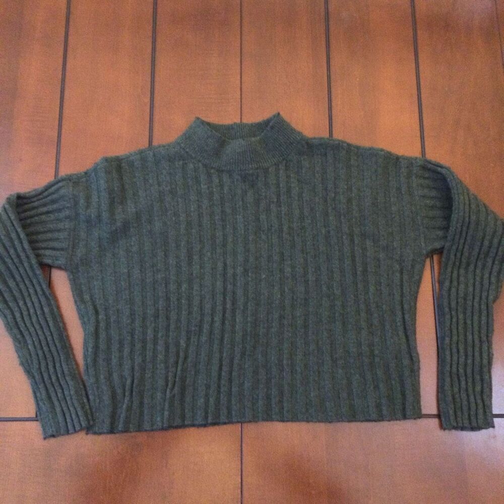 Madewell Ribbed Mock Neck Crop Sweater green wool-blend large